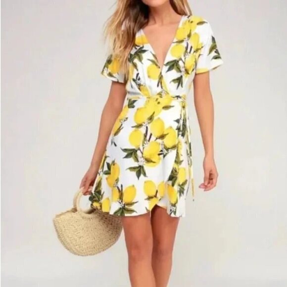 LULU'S A La Tart Lemon Print Wrap Mini Dress - D31 - Picture 2 of 6